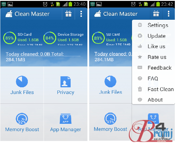 clean master home screen and upper menu